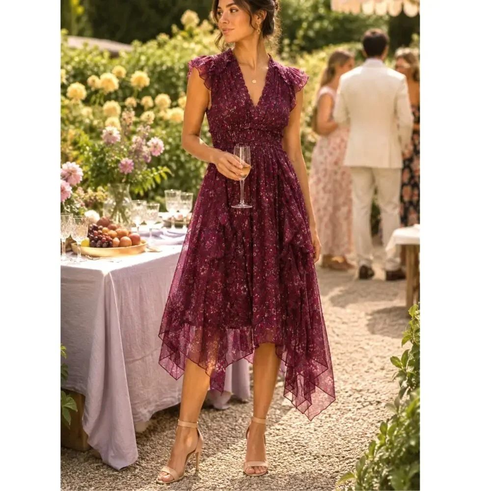 Ulla Johnson 0 Ressie 100% Silk Midi Dress $675 Asymmetric Scarf Hem Sumac NWT